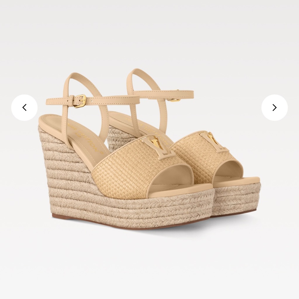 Louis Vuitton Tan Espadrille Wedges with Ankle Strap